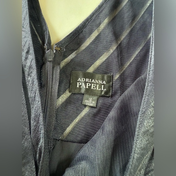 ADRIANNA PAPELL Deep navy imprint sheer stripe double V Midi Dress size 12 - Picture 8 of 14